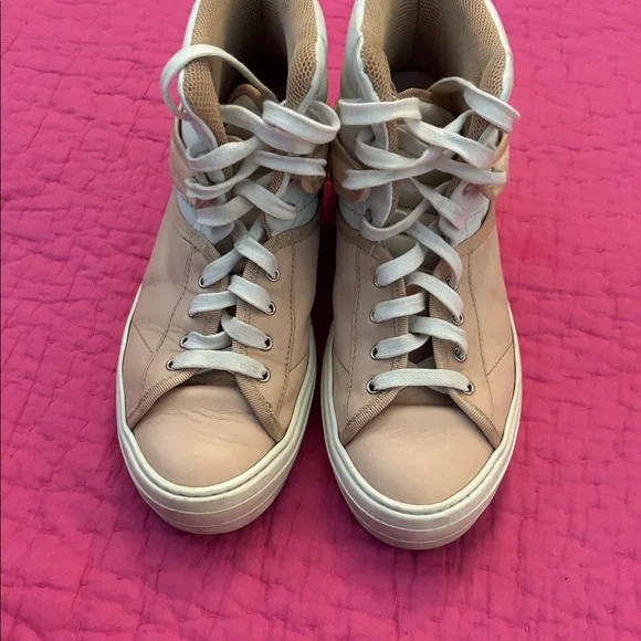 Salvatore Ferragamo Cream and Tan High-Top leather /snakeskin Sneakers, US7,5